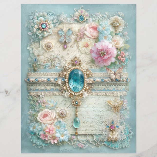 Blauw Roze Vintage Junk Journal Scrapbook Papier (Voorkant)