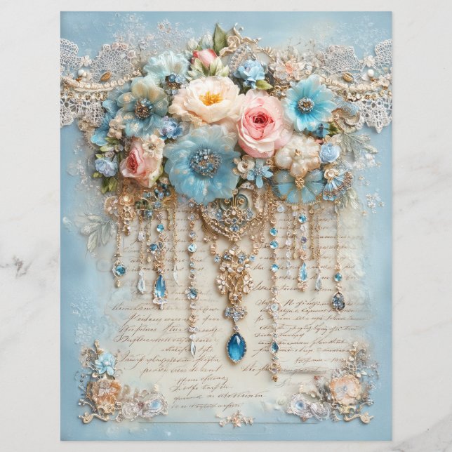 Blauw Roze Vintage Junk Journal Scrapbook Papier (Voorkant)