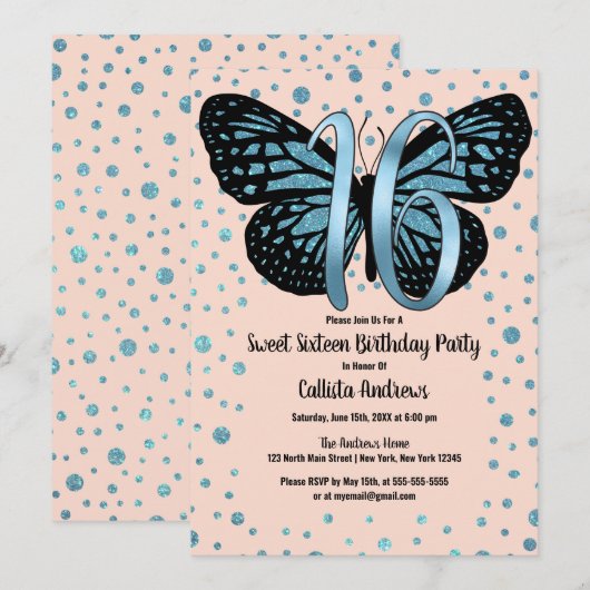 Blauw Roze Vlinder Glitter Confetti Sweet 16 Kaart (Voorkant / Achterkant)