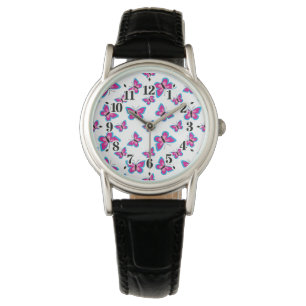 Blauw roze vlinderpatroon horloge