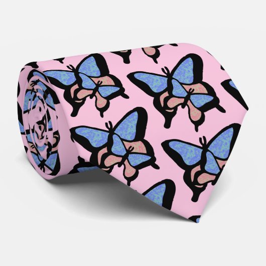 Blauw & Roze Vlinders Stropdas (Opgerold)