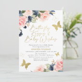 Blauw roze vlindervlinder Baby shower  Kaart (Staand voorkant)