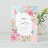 Blauw roze waterverf bloemen baby shower kaart (Staand voorkant)