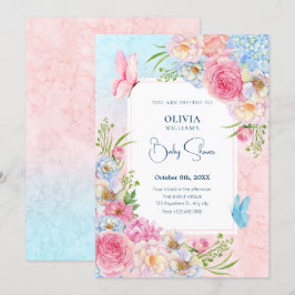 Blauw roze waterverf bloemen baby shower kaart