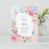 Blauw roze waterverf bloemen bruiloft kaart (Staand voorkant)