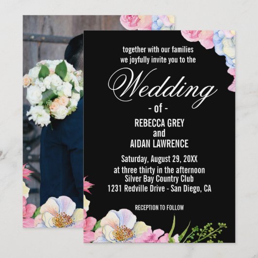 Blauw Roze Waterverf Bloemen bruiloft Kaart (Voorkant / Achterkant)