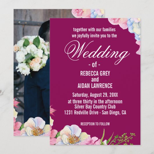 Blauw Roze Waterverf Bloemen bruiloft Kaart (Voorkant / Achterkant)