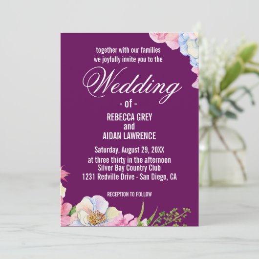 Blauw Roze Waterverf Bloemen bruiloft Kaart (Staand voorkant)