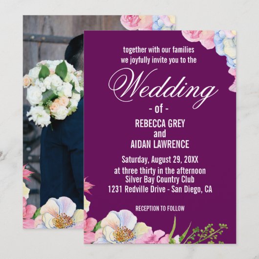 Blauw Roze Waterverf Bloemen bruiloft Kaart (Voorkant / Achterkant)