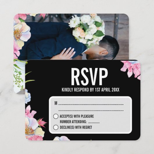 Blauw Roze Waterverf Bloemen bruiloft RSVP Kaartje (Voorkant / Achterkant)