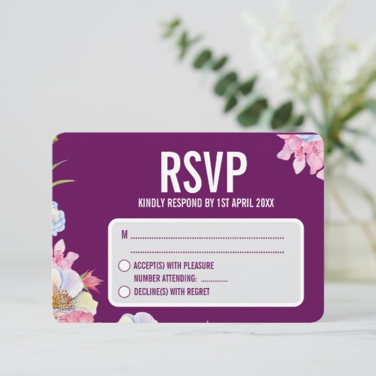Blauw Roze Waterverf Bloemen bruiloft RSVP Kaartje (Staand voorkant)