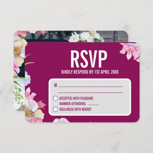 Blauw Roze Waterverf Bloemen bruiloft RSVP Kaartje (Voorkant / Achterkant)