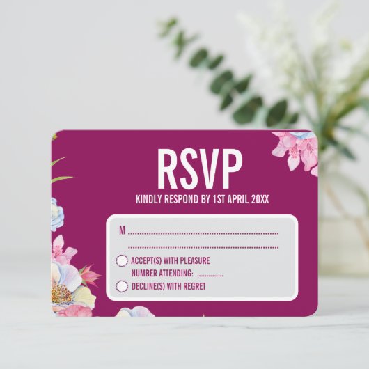 Blauw Roze Waterverf Bloemen bruiloft RSVP Kaartje (Staand voorkant)
