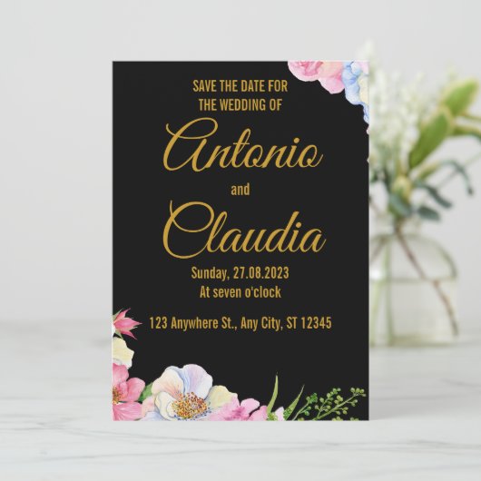 Blauw Roze Waterverf Bloemen bruiloft Save the dat Kaart (Staand voorkant)