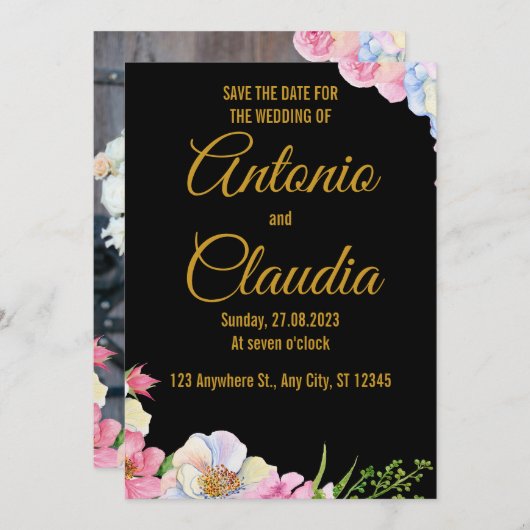Blauw Roze Waterverf Bloemen bruiloft Save the dat Kaart (Voorkant / Achterkant)