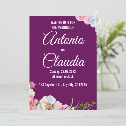 Blauw Roze Waterverf Bloemen bruiloft Save the dat Kaart (Staand voorkant)