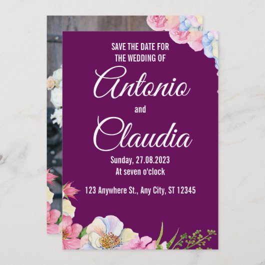 Blauw Roze Waterverf Bloemen bruiloft Save the dat Kaart (Voorkant / Achterkant)