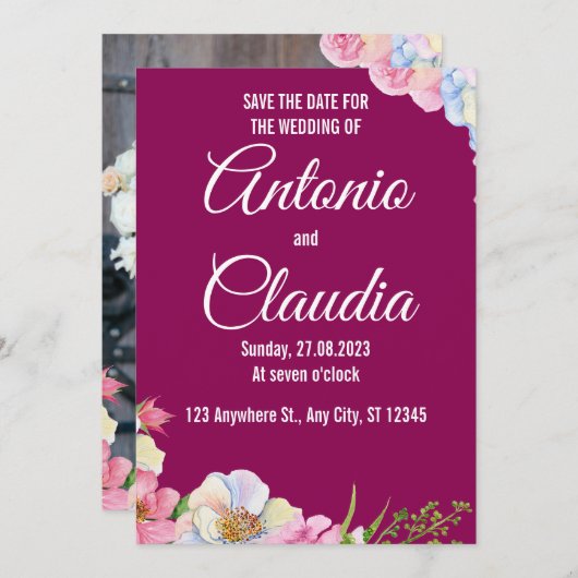 Blauw Roze Waterverf Bloemen bruiloft Save the dat Kaart (Voorkant / Achterkant)