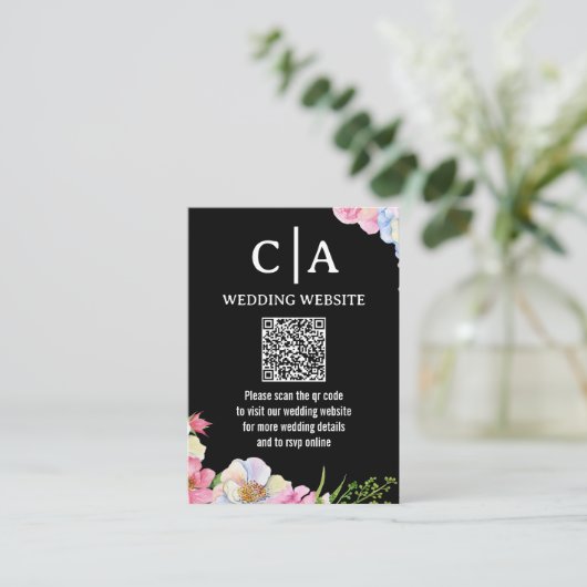 Blauw Roze Waterverf Bloemen QR Code Huwelijk Informatiekaartje (Staand voorkant)
