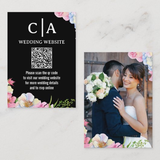 Blauw Roze Waterverf Bloemen QR Code Huwelijk Informatiekaartje (Voorkant / Achterkant)