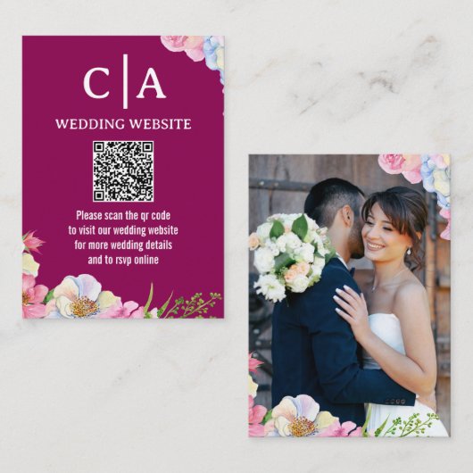 Blauw Roze Waterverf Bloemen QR Code Huwelijk Informatiekaartje (Voorkant / Achterkant)