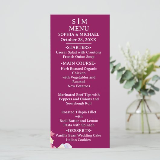 Blauw Roze Waterverf Bloemen QR Code Huwelijk Menu (Staand voorkant)