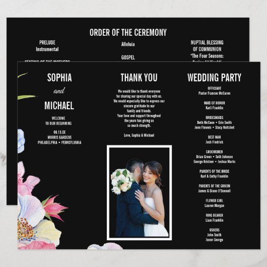 Blauw Roze Waterverf Bloemen Trouwprogramma Flyer (Voorkant / Achterkant)