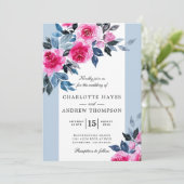 Blauw Roze Waterverf Botanische Bruiloft Kaart (Staand voorkant)