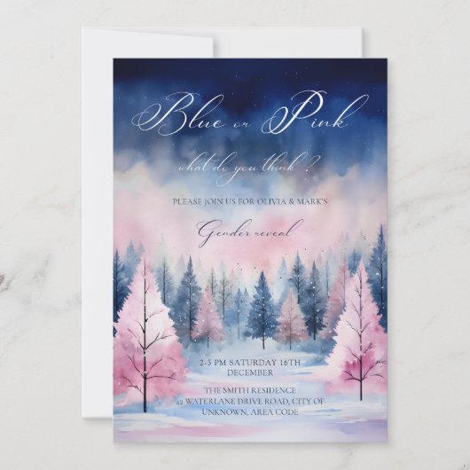 Blauw Roze Waterverf Kerstboom Geslacht onthullen Kaart (Voorkant)
