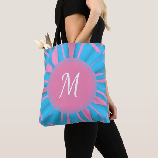 Blauw roze Waterverf Patroon Monogram aanpassen Tote Bag (Dichtbij)
