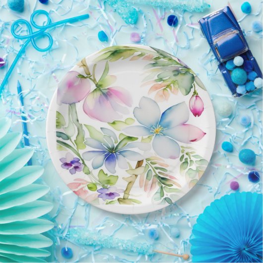 Blauw roze Waterverf Spring Flowers Papieren Bordje (Feest)