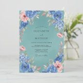 Blauw Roze Weelderige Bloemige Bruiloft Kaart (Staand voorkant)