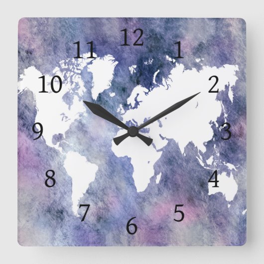 Blauw Roze Wereldkaart Design 65 Vierkante Klok (Voorkant)