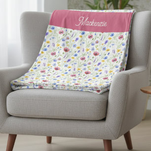 Blauw Roze Wilde Bloem Botanische Aangepaste Naam Fleece Deken