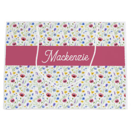 Blauw Roze Wilde Bloem Waterverf Monogram Naam Groot Cadeauzakje