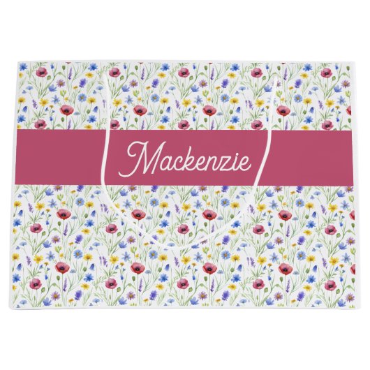 Blauw Roze Wilde Bloem Waterverf Monogram Naam Groot Cadeauzakje (Voorkant)