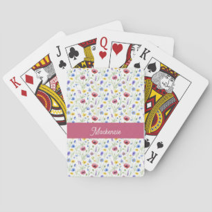 Blauw Roze Wilde Bloem Waterverf Monogram Naam Pokerkaarten