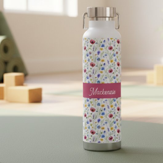 Blauw Roze Wilde Bloem Waterverf Monogram Naam Waterfles