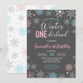 Blauw Roze Winter Onederland Sneeuwvlok 1e Verjaar Kaart (Voorkant / Achterkant)