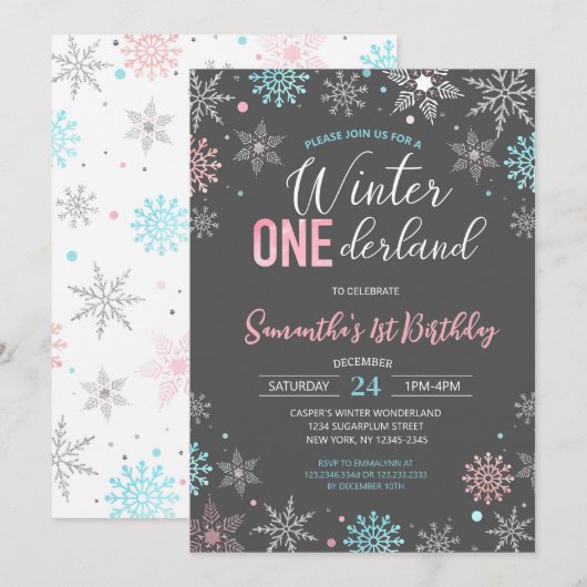 Blauw Roze Winter Onederland Sneeuwvlok 1e Verjaar Kaart (Voorkant / Achterkant)