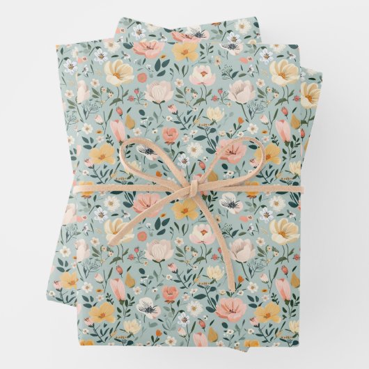 Blauw Roze Wit Bloemen Verjaardag Vrijgezellenfees Inpakpapier Vel (In situ)