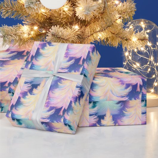 Blauw Roze Wit Gouden Bomen Moderne Kerst Cadeaupapier (Feestdagen)