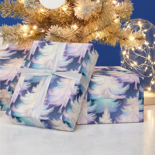 Blauw Roze Wit Gouden Bomen Moderne Kerst Cadeaupapier (Feestdagen)