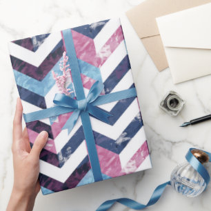 Blauw Roze Wit Marmeren Chevron Cadeaupapier