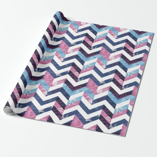 Blauw Roze Wit Marmeren Chevron Cadeaupapier (Uitgerold)