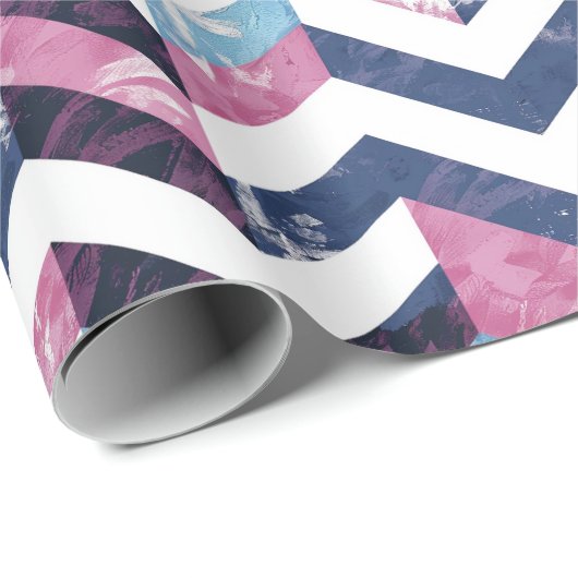Blauw Roze Wit Marmeren Chevron Cadeaupapier (Rol Hoek)
