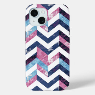 Blauw Roze Wit Marmeren Chevron iPhone 15 Case