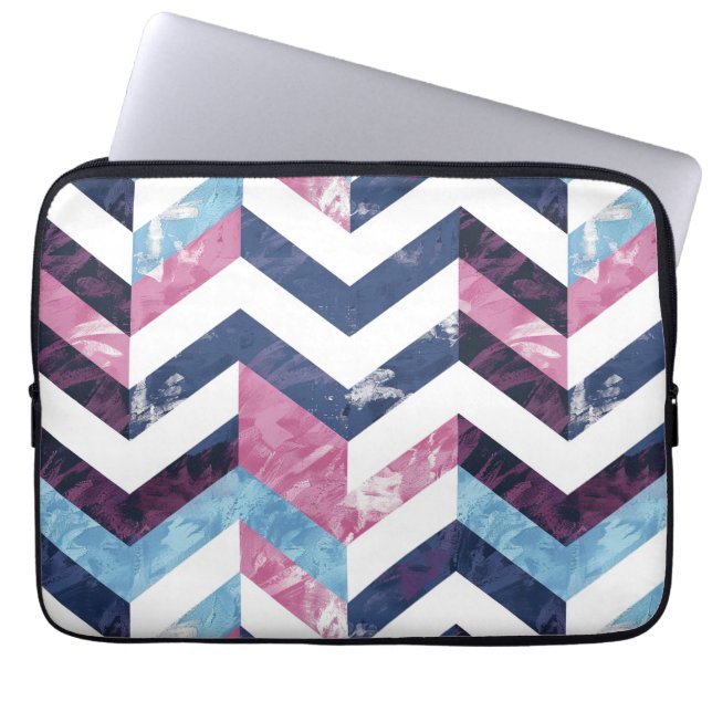Blauw Roze Wit Marmeren Chevron Laptop Sleeve (Voorkant)