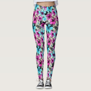 Blauw roze witte zwarte Waterverf bloemen patroon Leggings
