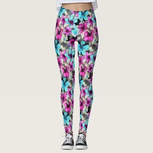 Blauw roze witte zwarte Waterverf bloemen patroon Leggings (Voorkant)